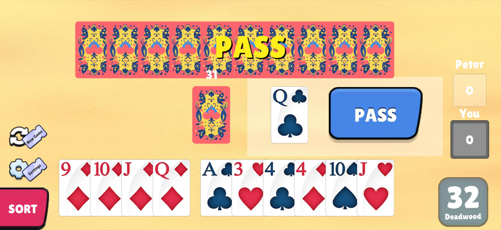 Interfaz de juego de Gin Rummy Classic mostrando una mano de cartas y un botón de pase sobre un fondo de mesa de madera