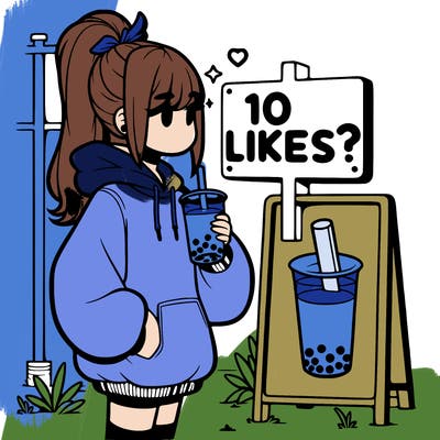girl with oversized hoodie drinking boba and she has a high ponytail with a sign that says 10likes?