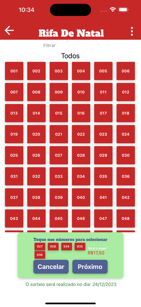 Rifa Fácil - Mobile app interface showing a grid of numbered red tickets for a Christmas raffle with several numbers selected for purchase.