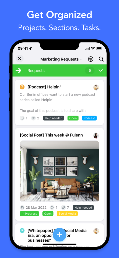 MeisterTaskアプリのiPhoneスクリーンショット。整理されたプロジェクトタスクとマーケティングリクエストを表示。
