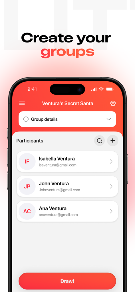 Interface of Draw Names app showing a list of participants in a Secret Santa group with a red Draw button at the bottom