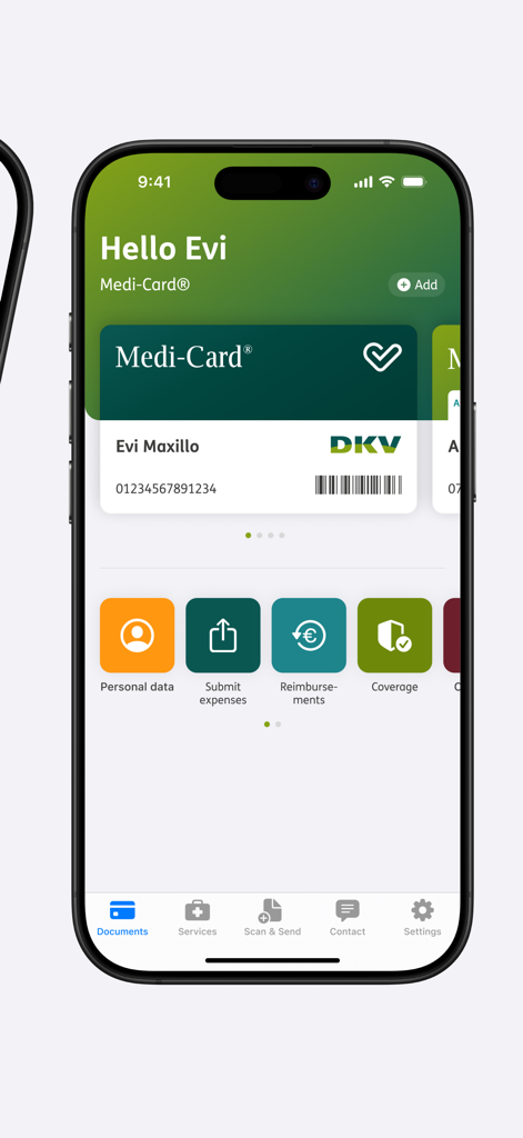 Panel de control de la aplicación Seguro DKV con una Medi-Card digital e iconos de acceso rápido a servicios sanitarios.