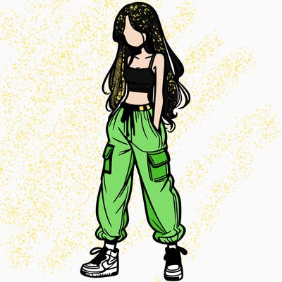 girl in baggy pants crop top and long hair