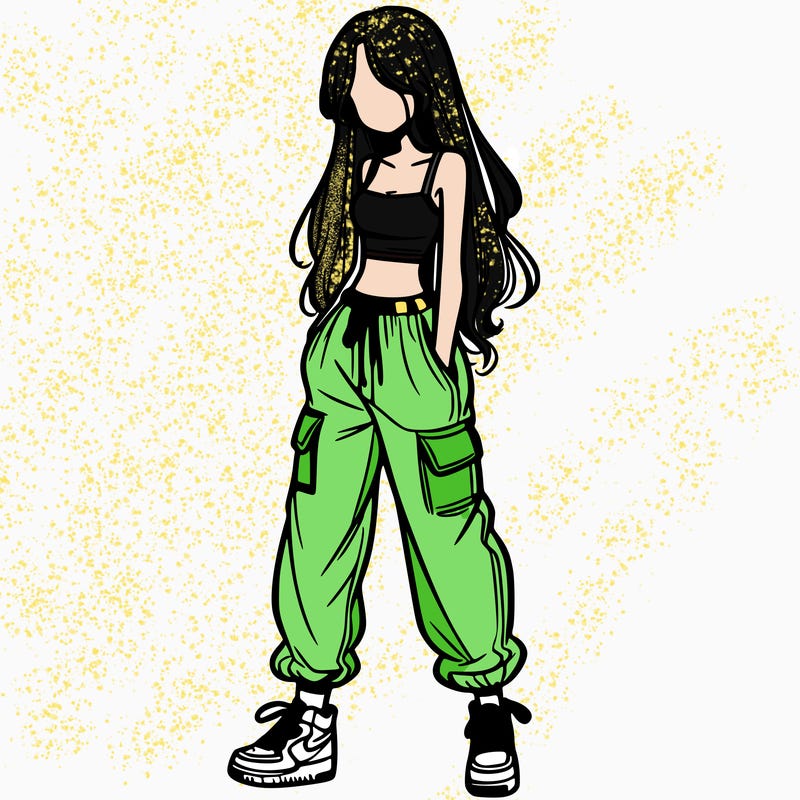 girl in baggy pants crop top and long hair