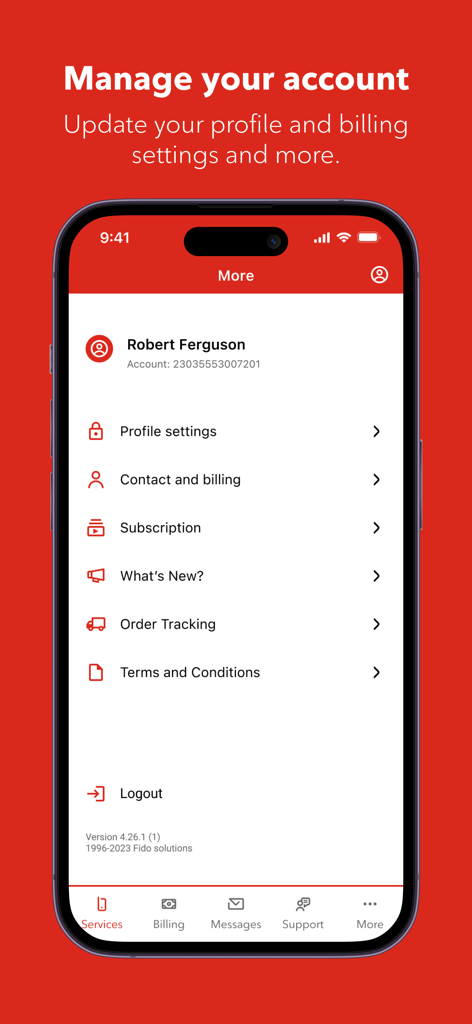 Interfaccia dell'app MyRogers per la gestione delle impostazioni del profilo dell'account e delle informazioni di fatturazione