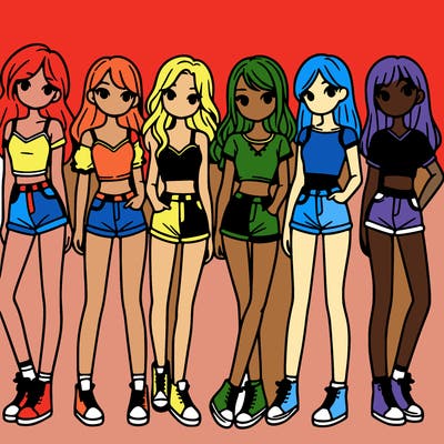 a group of girls wearing crop tops and shorts
