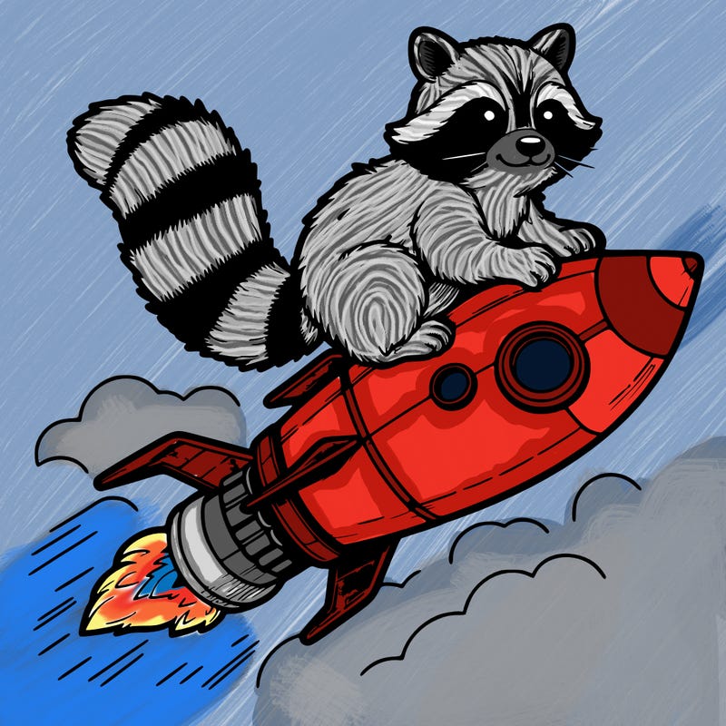 realistic raccoon flying on top rocket ship