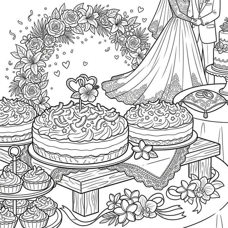 Indulge in a romantic celebration with this exquisite coloring page featuring delectable coconut cream pies at a wedding. Adorned with elegant floral arches and hints of a happy couple, it's perfect for a sweet escape.