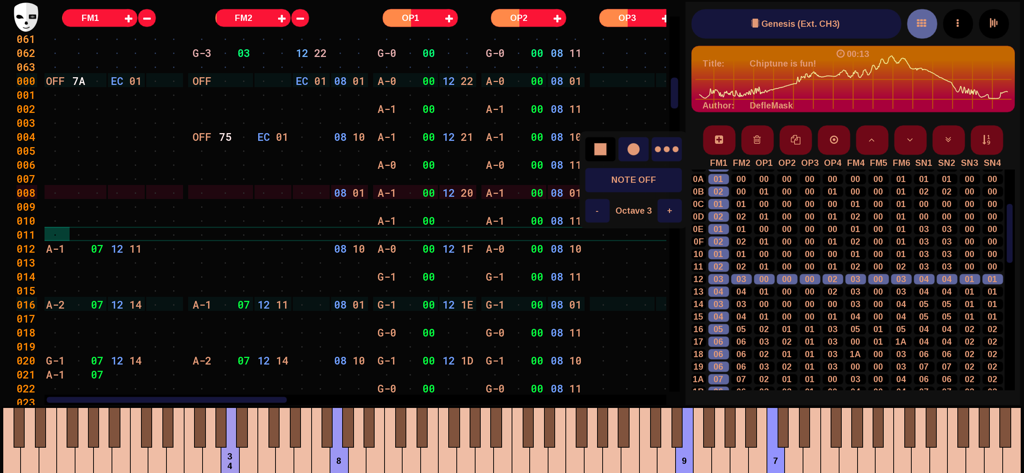 DefleMask Mobile app showing the chiptune tracker interface and keyboard