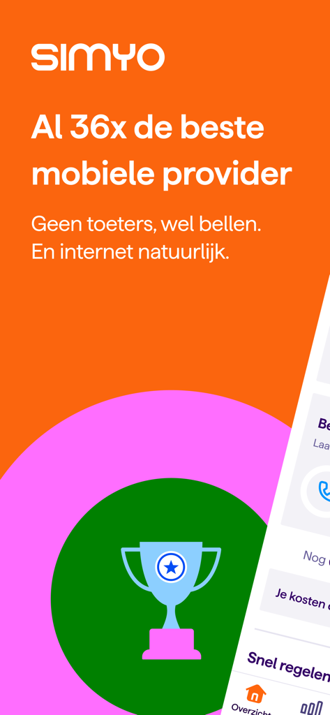 Pantalla introductoria de la app Mi Simyo mostrando un icono de trofeo y texto reclamando el título de mejor proveedor móvil 36 veces