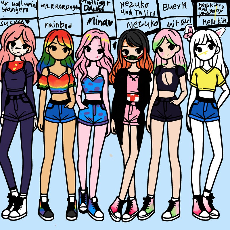 a group of girls wearing crop tops and shorts