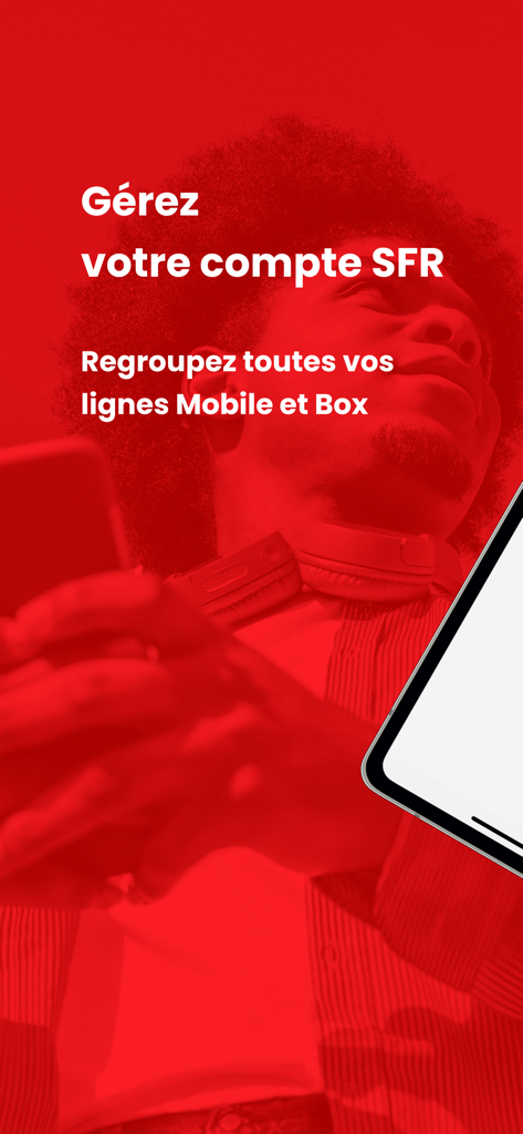 SFR & Moi - Intro screen of the SFR and Moi app featuring a person with headphones and text about managing mobile and box lines on a red background