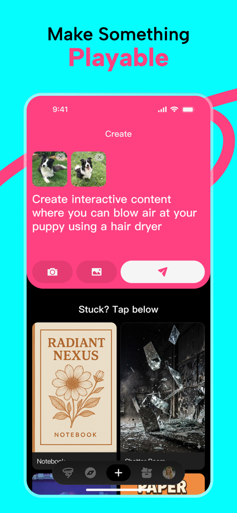 Loopit - Make playables - Interface de l'application Loopit pour créer du contenu jouable avec une invite textuelle et des photos.