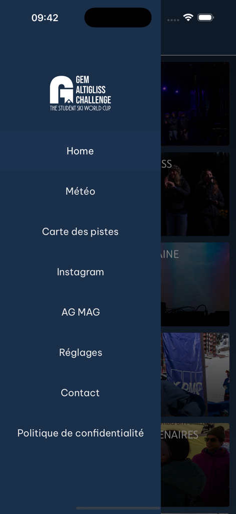 GEM Altigliss Challenge - Side navigation menu of the GEM Altigliss Challenge app showing options for Home, Weather, Trail Map, Instagram, and Settings.