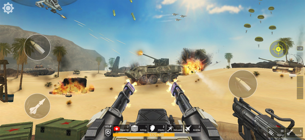 World War: Fight For Freedom - First person shooter gameplay in a desert battlefield featuring tanks explosions and paratroopers