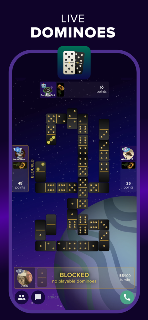 Mobile app screenshot showing a live multiplayer dominoes game on pop.in with player profiles and a space themed background.