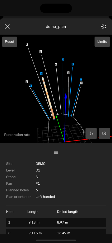 Sandvik DrillConnect - 穴データテーブル付きの採掘掘削計画の3D視覚化