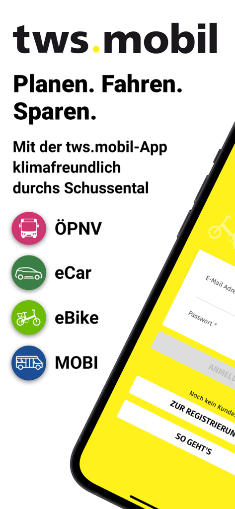 tws.mobil - tws.mobilアプリの起動画面。公共交通機関、E-Carシェア、E-Bikeレンタルオプションを表示。