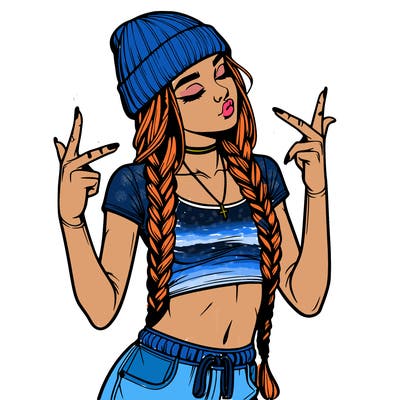 realistic teenage girl with braids and a beanie and crop top doing 🫶🏼
