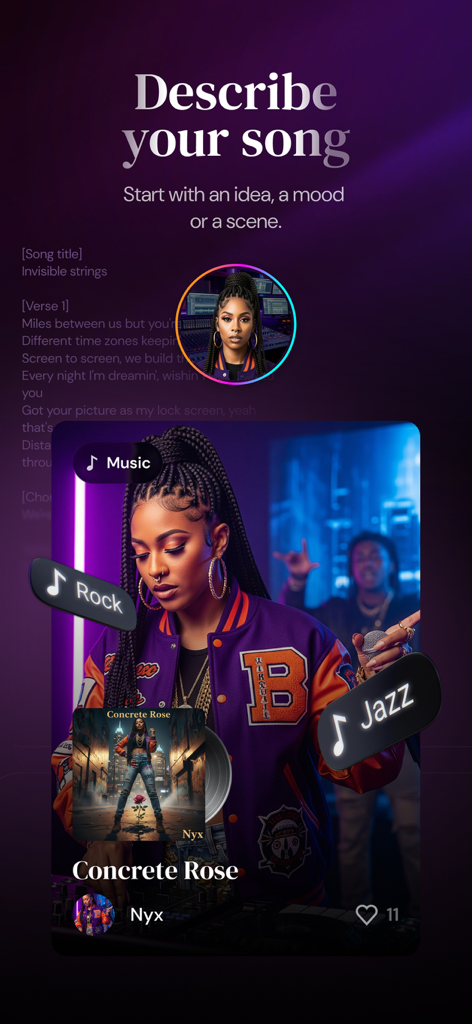 Napster - AI Music & Experts - Napster mobile app interface for creating AI music by describing a song idea or mood
