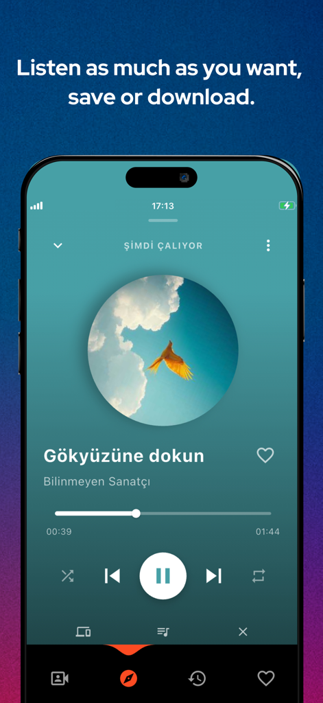 Interfaz de la aplicación Sona AI mostrando una pantalla de reproductor de música con opciones de reproducir, pausar y descargar