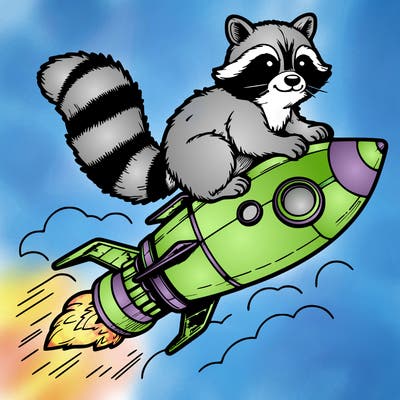 realistic raccoon flying on top rocket ship