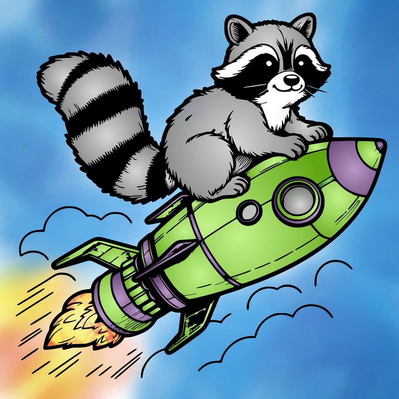 realistic raccoon flying on top rocket ship