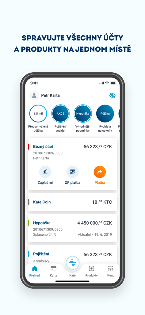 Painel do aplicativo bancário móvel ČSOB Smart, mostrando saldos de contas, detalhes de hipoteca e seguros.