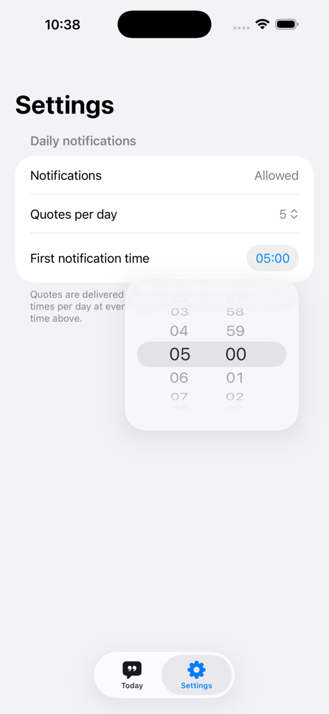 Settings screen for daily motivation quote notifications and timing