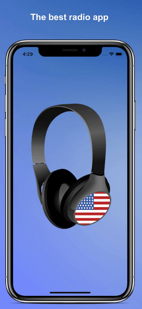 Radio USA : american radios FM - Smartphone showing headphones with the American flag and the text the best radio app