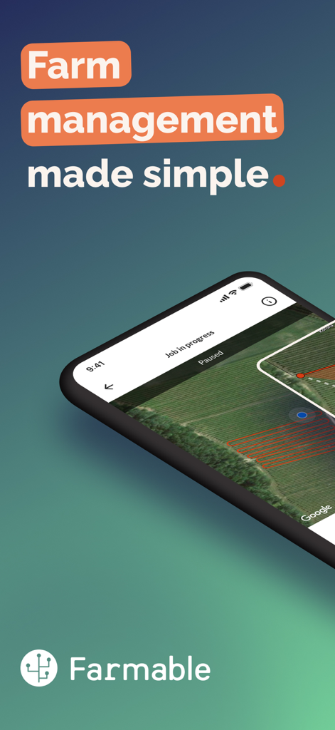 The Farmable app interface on a smartphone showing a farm field map and the slogan Farm management made simple
