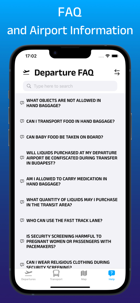 Schermata FAQ delle partenze dell'app mobile BUD Airport che elenca le domande di viaggio e sicurezza