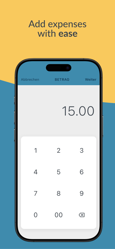 Numeric keypad in the BUDGT app showing a manual expense entry of fifteen dollars on an iPhone.
