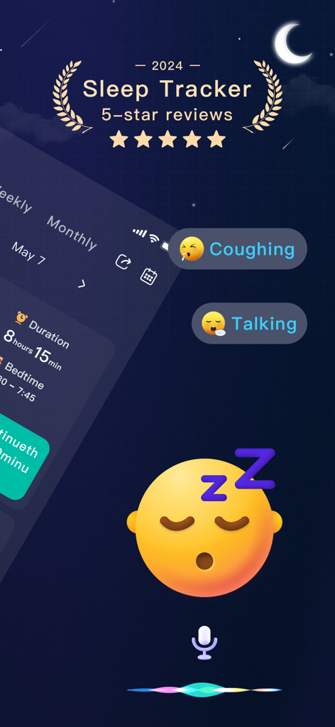 Interface do aplicativo Sleep Brain mostrando relatórios de sono e detecção de som para tosse e fala.