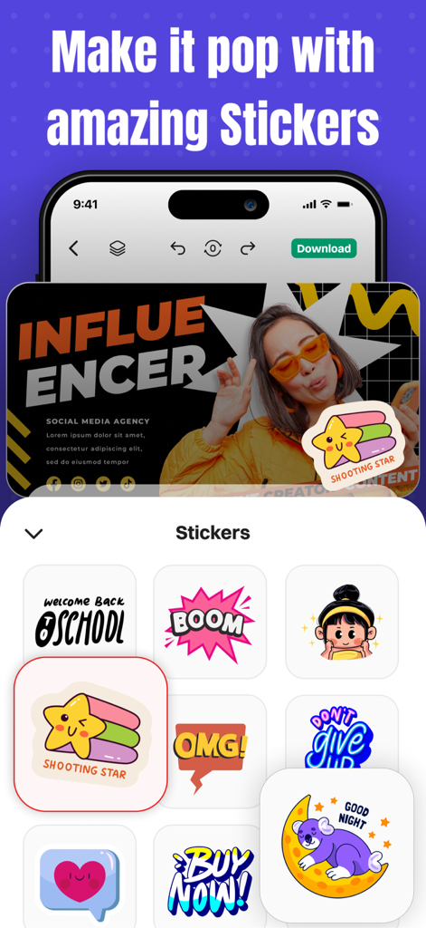 Cover Art AI - Thumbnail Maker - A mobile interface of Cover Art AI showing a variety of graphic stickers like a shooting star and boom icon to customize social media thumbnails.
