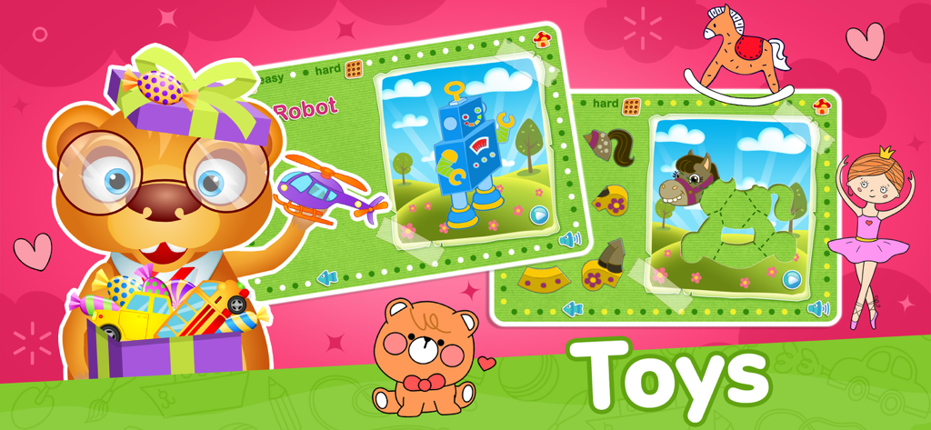 123 Kids Fun Magic Puzzles - Preschool puzzle game interface showing the toys category with robot and horse jigsaw puzzles