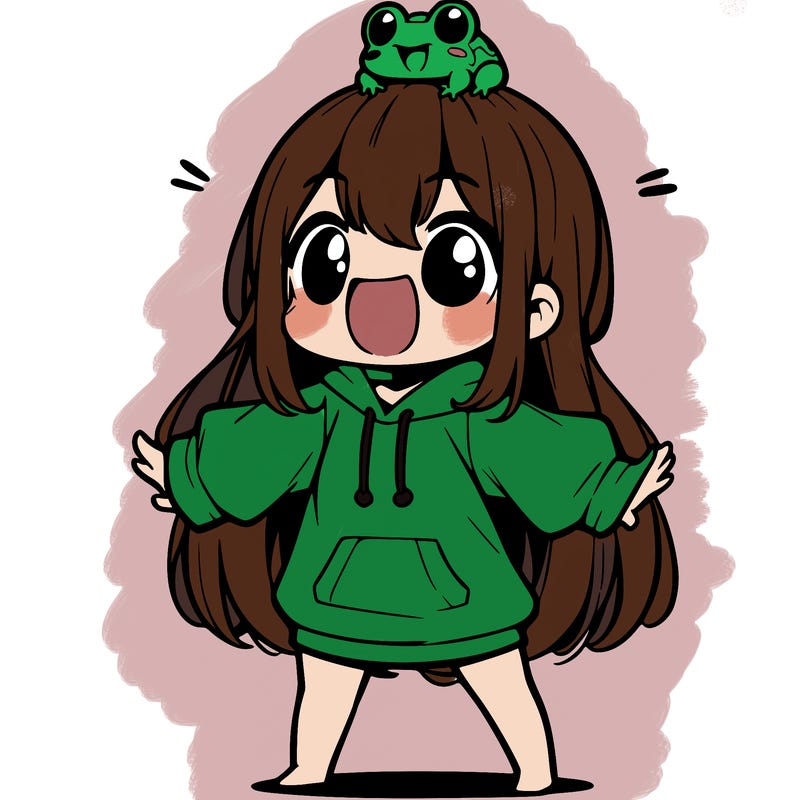a excited chibi girl whith long hair and a baggy shirt whith a frog on there head