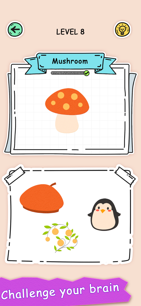 Puzzle Fuzzle - Screenshot del gameplay di Puzzle Fuzzle che mostra un livello di fungo in cui i giocatori combinano parti di oggetti.