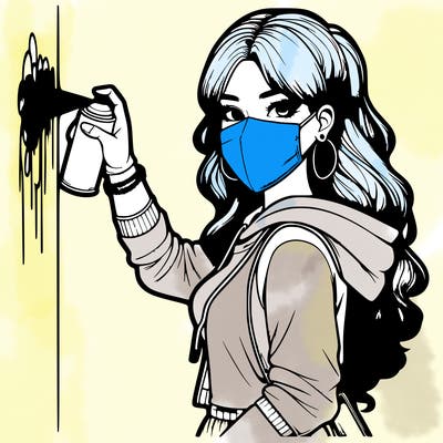 realistic girl with mask spray painting a wall