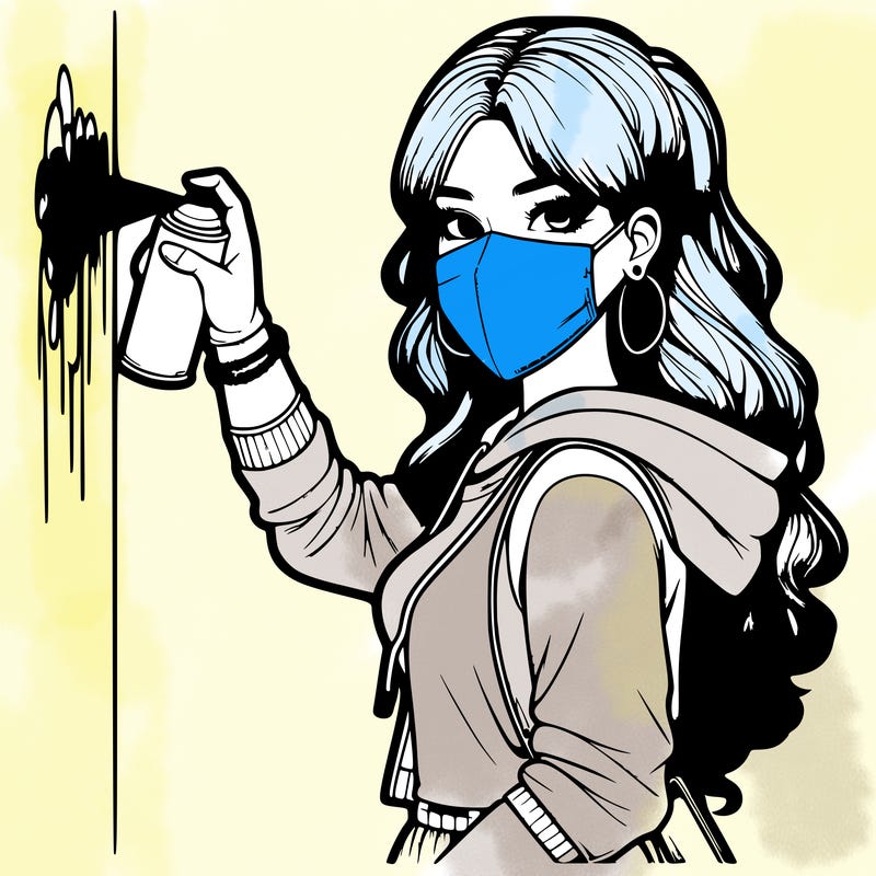 realistic girl with mask spray painting a wall