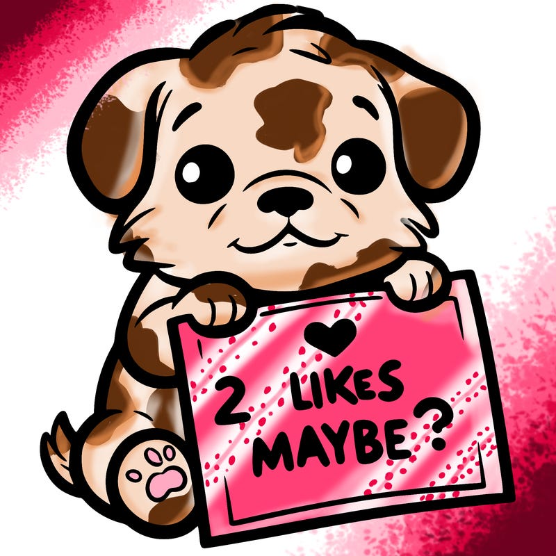 a puppy holding a sign that says 2 likes maybe?