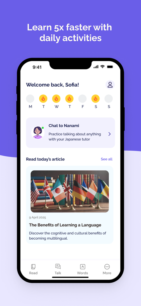Lingolette app dashboard featuring a daily streak AI tutor chat and educational articles