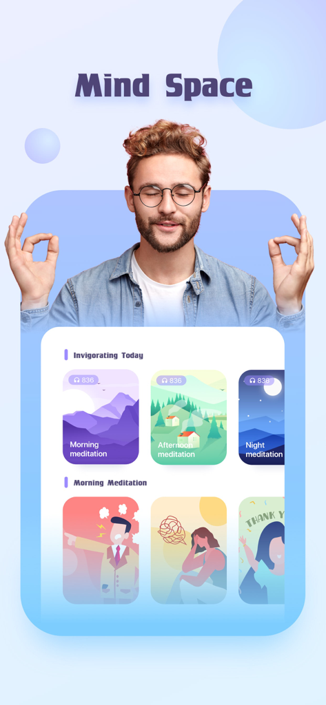 Lucky Life app Mind Space interface showing morning afternoon and night meditation options with a man in a meditative pose