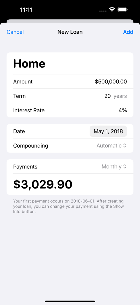 Amortization - Loan Calculator - New loan entry screen showing mortgage details for a 500000 dollar home