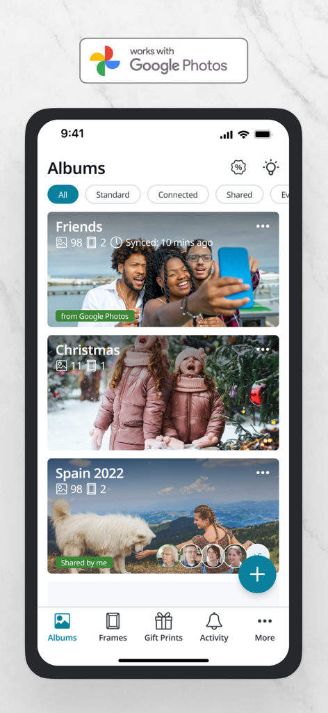 Nixplay app interface displaying photo albums and Google Photos integration