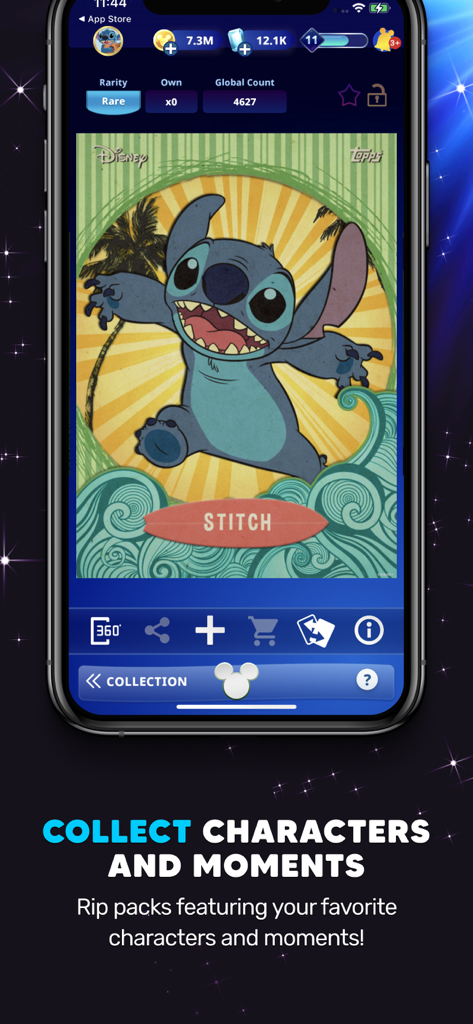 A rare Stitch digital collectible card displayed in the Disney Collect by Topps mobile app