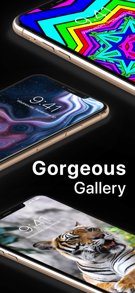 Cool Live Wallpapers Maker 4k - Tres iPhones que muestran una galería de fondos de pantalla animados de tigres, galaxias y abstractos coloridos
