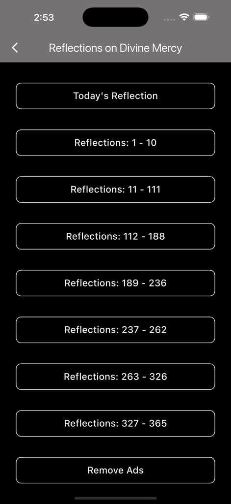 Reflections on Divine Mercy - Main menu of the Reflections on Divine Mercy app featuring daily prayer categories and navigation buttons in a dark theme interface.