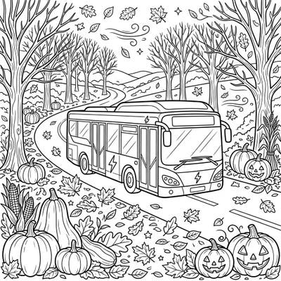 Embark on a colorful journey with our electric bus coloring page, set against a picturesque autumn backdrop. This scene invites you to bring the beauty of fall and sustainable transport to life with your favorite hues.