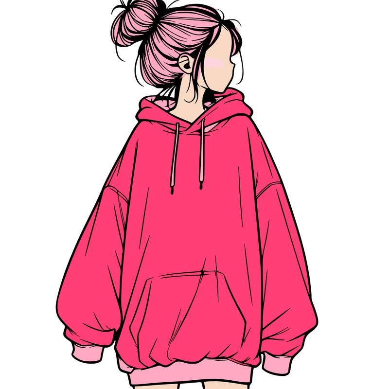 realistic girl with a oversized sweatshirt on and a bun